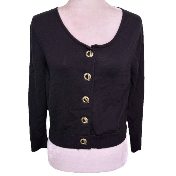 Women’s Black Gold Grommet Toggle 3/4 Sleeve Cropped Cardigan Classic Preppy Lg - Picture 1 of 9